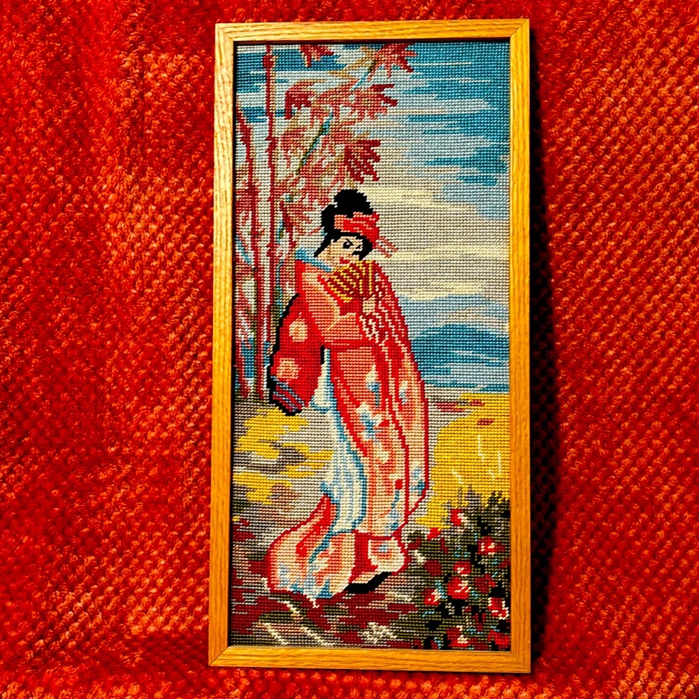 Vintage Lady in Kimono Framed Needlepoint